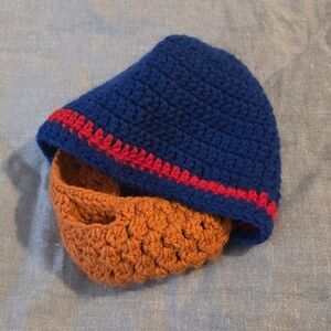 Blue and Red Kids Crochet Hat With Orange Beard